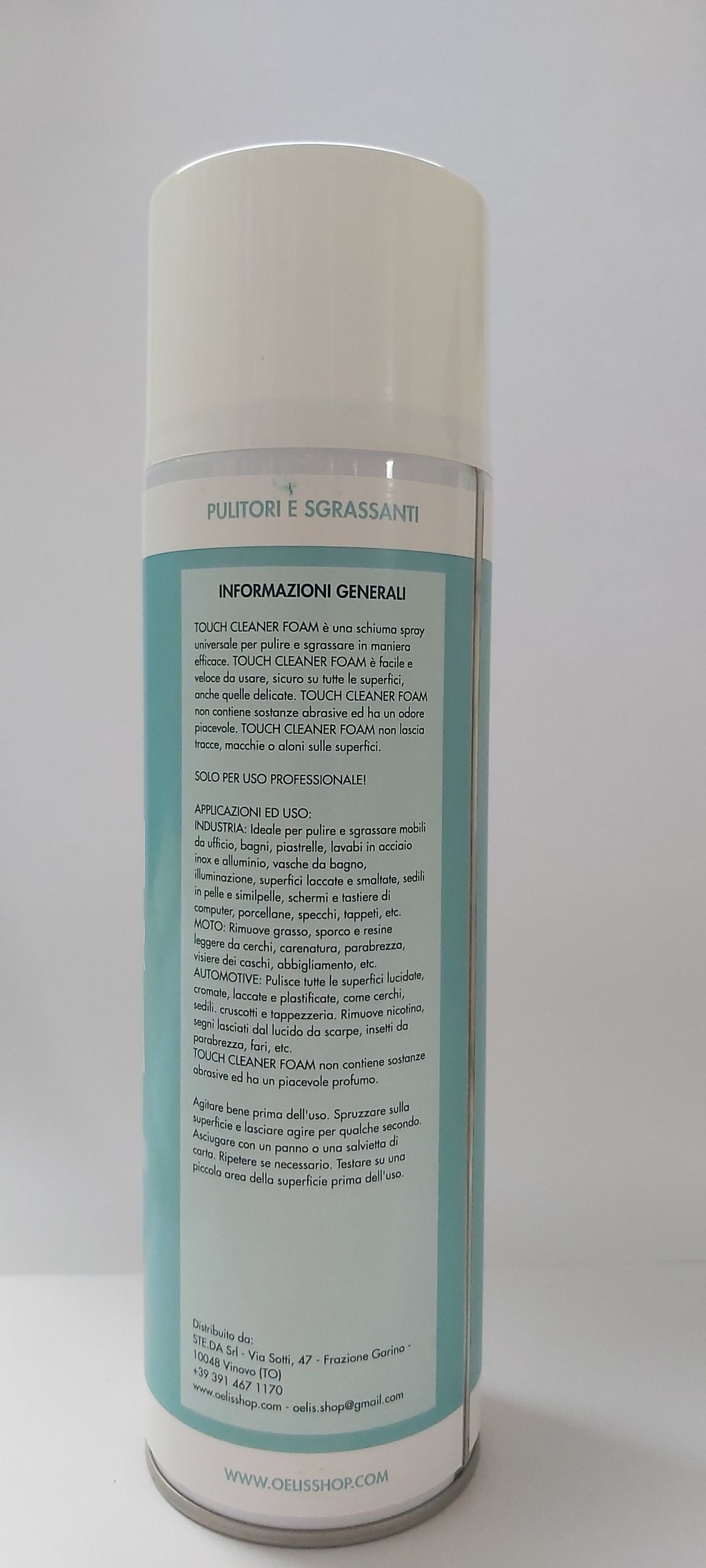 TOUCH CLEANER FOAM è una schiuma spray universale per pulire e sgrassare in maniera efficace. TOUCH CLEANER FOAM è facile e veloce da usare, sicuro su tutte le superfici, anche quelle delicate. TOUCH CLEANER FOAM non contiene sostanze abrasive ed ha un odore piacevole. TOUCH CLEANER FOAM non lascia tracce, macchie o aloni sulle superfici